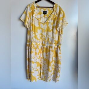Adrianna Papell Butter Yellow White Floral Dress 24W Cap Sleeves Relaxed Fit